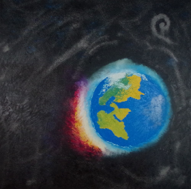 Welt, 2018, 100x100, Acryl+Wandfarbe+Sand, Spachteltechnik auf Leinwand