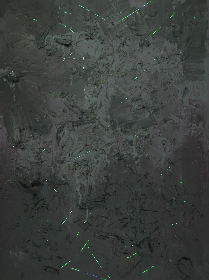 2018, 50x80 cm,Acryl+Wandfarbe+Laub+Lamettafäden auf Leinwand